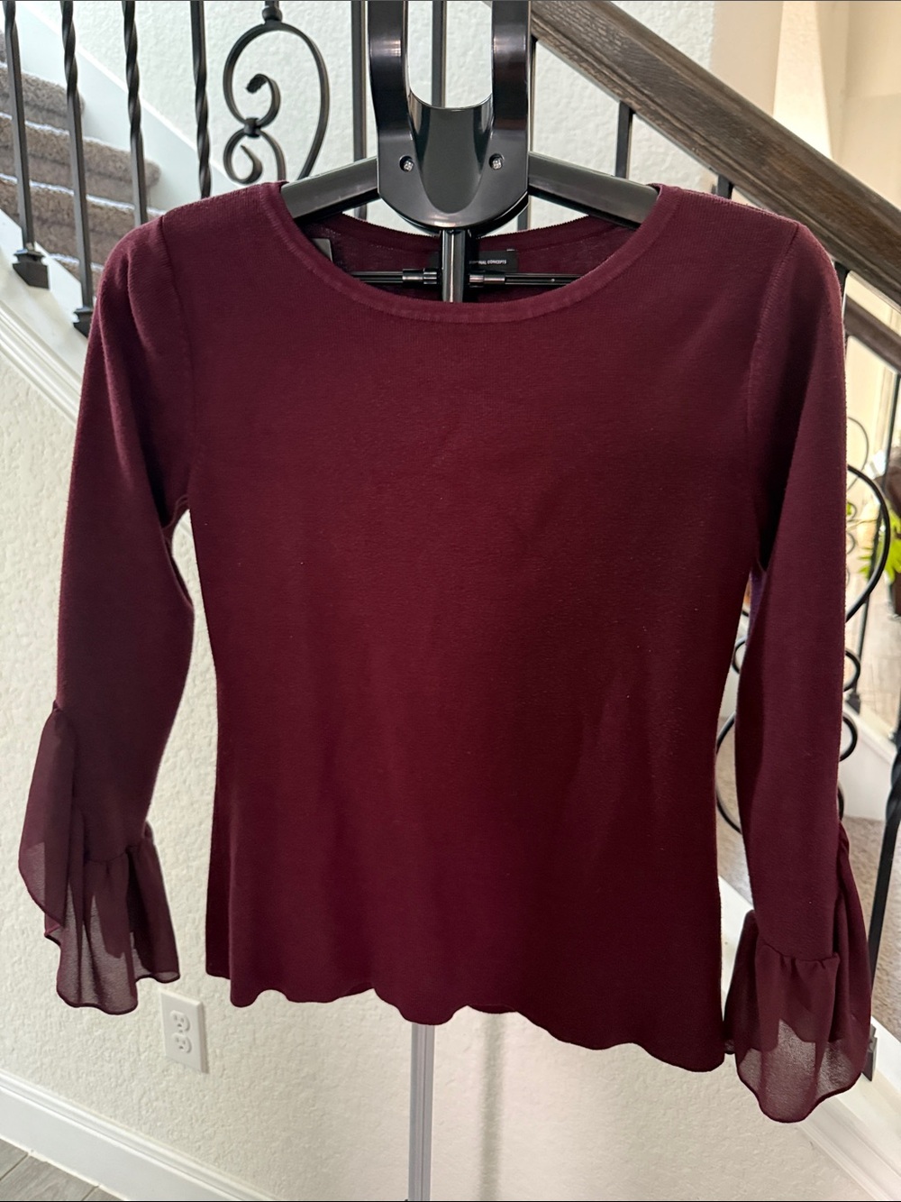 INC International Concepts Burgundy Long Sleeve Knit Top with Sheer Ruffle Cuffs